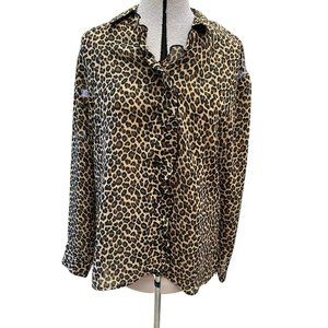 Womens  Blouse Animal Leopard Print Size XL Button Front Ruffle Front V-Neck